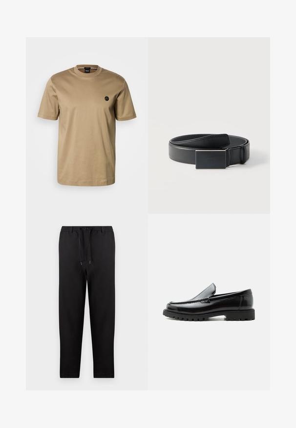 T-shirt à manches courtes couleur fauve, en coton, avec un col rond et un petit logo noir sur la poitrine gauche. Texture lisse, coupe décontractée.; Pantalon noir droit avec taille élastique, cordon réglable et fermeture par bouton, présenté sur un fond uni.; Mocassin en cuir noir avec semelle en caoutchouc épaisse, dessus cousu et nom de marque embossé sur le talon, présenté de profil sur fond blanc.; Ceinture en cuir noir enroulée avec une boucle noire mate rectangulaire et un logo embossé discret sur fond blanc.