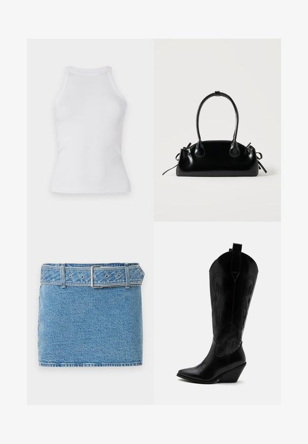 Witte geribbelde tanktop met een fitted ontwerp, ronde halslijn en zonder mouwen. Gemaakt van rekbare stof voor comfort en bewegingsgemak.; Abercrombie & Fitch CLASSIC BELTED SCARLETTE MINI SKORT - Jeansrok - blue denim; Zwarte leren cowboylaars met puntige neus, schuine blokhak, decoratieve stiksels en aantreklusjes bovenaan tegen een witte achtergrond.; Kleine zwarte glanzende handtas met twee lange hengsels en zijkant trekkoord details op een effen lichte achtergrond.