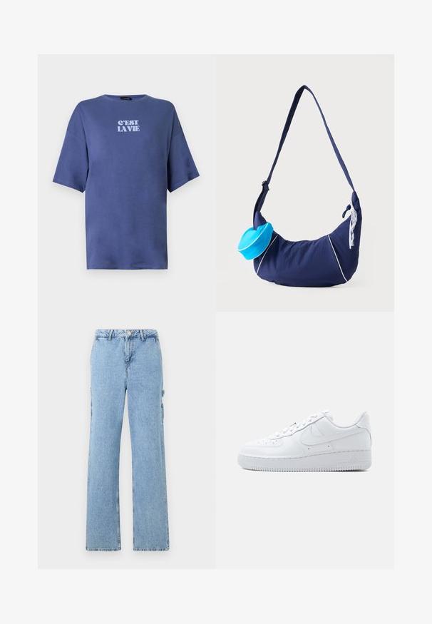 T-shirt bleu oversize à manches courtes avec col rond et texte blanc "C'EST LA VIE" centré sur la poitrine.; Pantalons cargo en denim bleu clair avec une coupe droite, dotés de poches latérales et de coutures contrastées. Style classique à cinq poches.; Baskets blanches basses Nike Air Force 1 avec fermeture à lacets, bout perforé, et logo swoosh signature sur le côté.; Sac d'épaule bleu marine avec une longue bandoulière, des détails en passepoil blanc, une petite pochette bleu vif attachée et une décoration en dentelle blanche sur le côté.