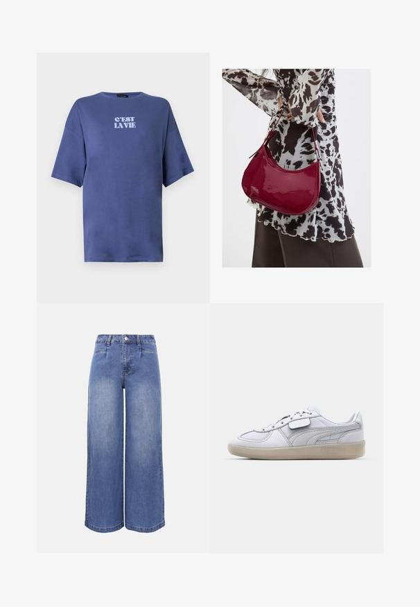 T-shirt bleu oversize à manches courtes avec col rond et texte blanc "C'EST LA VIE" centré sur la poitrine.; Jean en denim bleu taille haute à jambes larges, avec poches avant, passants pour ceinture, fermeture par bouton, et décoloration subtile sur les jambes et les cuisses.; Baskets blanches en cuir avec des accents gris, fermeture à lacets et semelle en caoutchouc texturée. Présente un logo bien en vue sur le côté.; Femme portant un chemisier à motif noir et blanc tenant un sac à main rouge brillant sur un fond uni.