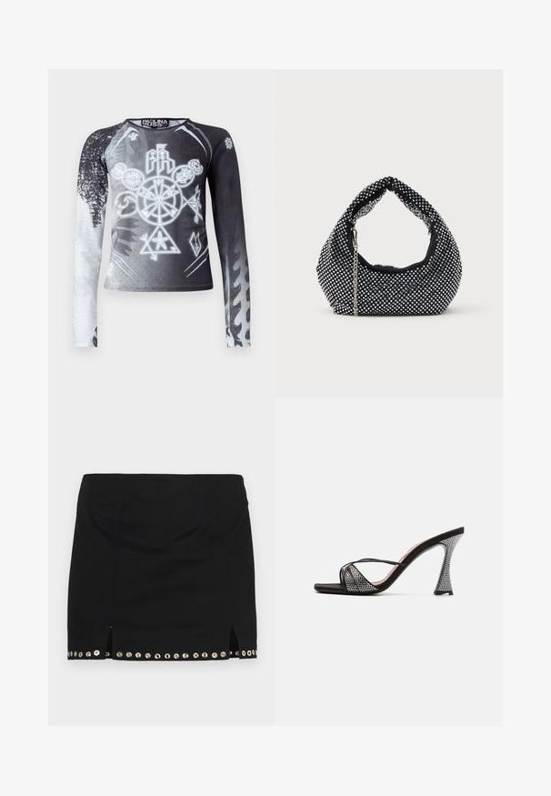 Camiseta de manga larga con un degradado en blanco y negro, que presenta símbolos gráficos en tonos de gris. Fabricada con un tejido suave y ligero.; Ludovic de Saint Sernin LISETTE - Minifalda - black; Sandalias de tacón alto negras con un upper texturizado que presenta brillantes rhinestones, tiras delgadas y un diseño de tacón geométrico distintivo.; Bolso de malla negra adornado con tachuelas plateadas, con un asa curvada y una correa de cadena. Textura suave con forma redondeada.
