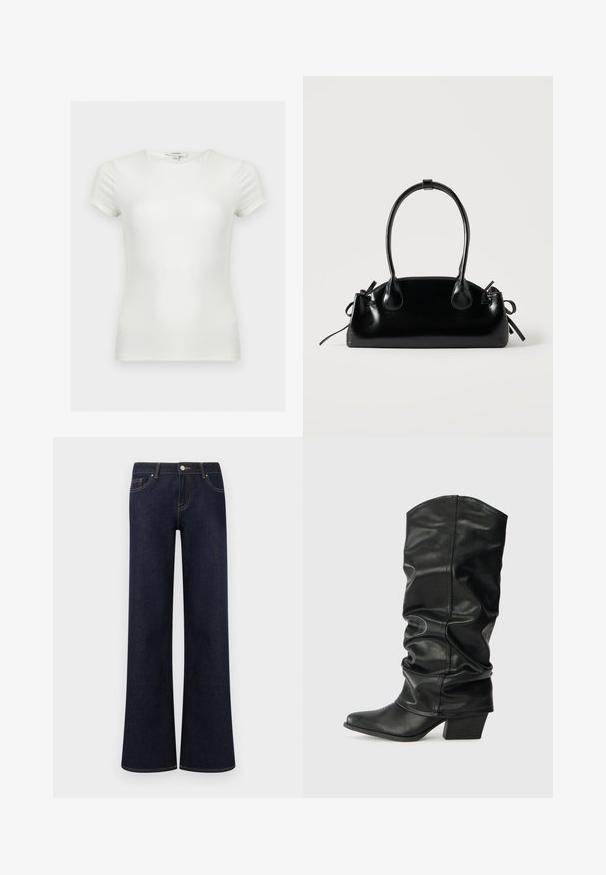 T-shirt ajusté blanc uni à manches courtes avec encolure ronde, présenté sur un fond neutre.; Jean en denim bleu foncé à jambes larges avec poches avant, fermeture par bouton et fermeture éclair, et coutures contrastantes visibles.; Bottes noires en cuir, montantes jusqu'au genou, avec un design plissé, un bout pointu et un talon épais, présentant une texture lisse et des coutures minimales.; Petit sac à main noir brillant avec deux longues anses et des détails à cordon sur les côtés sur un fond clair uni.