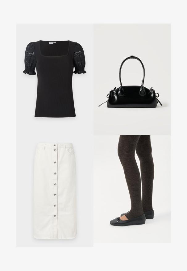 Schwarzes geripptes Oberteil mit quadratischem Ausschnitt und kurzen, puffärmeligen Ärmeln aus Spitze. Hat einen taillierten Schnitt und geraffte Ärmelabschlüsse.; Weiße Denim-Midikleid mit vorderem Knopfverschluss, zwei seitlichen Taschen und gestickten Akzenten am Bund. Mit rohem Saum.; Beine in dunklen, gerippten Leggings kombiniert mit schwarzen Ballerinas mit kleinen Schleifendetails auf weißem Hintergrund.; Kleine schwarze glänzende Handtasche mit zwei langen Griffen und seitlichen Kordelzug-Details vor einfachem hellem Hintergrund.