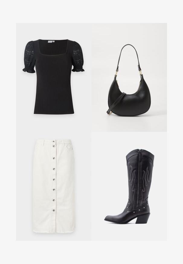Schwarzes geripptes Oberteil mit quadratischem Ausschnitt und kurzen, puffärmeligen Ärmeln aus Spitze. Hat einen taillierten Schnitt und geraffte Ärmelabschlüsse.; Weiße Denim-Midikleid mit vorderem Knopfverschluss, zwei seitlichen Taschen und gestickten Akzenten am Bund. Mit rohem Saum.; Schwarze Cowboy-Stiefel aus Leder mit spitzer Zehenpartie, sichtbarer Nahtführung, silbernen Nietenakzenten und Reißverschluss auf der Innenseite.; Schwarze Lederhandtasche mit geschwungener Form, ausgestattet mit einem oberen Reißverschluss, einem kurzen Griff und einem abnehmbaren Schulterriemen. Goldene Hardware-Akzente.