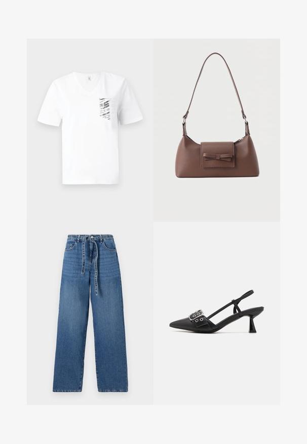 Witte katoenen T-shirt met V-hals, voorzien van een zilver gestreept zakontwerp. Korte mouwen en een losse pasvorm.; Lichtblauwe denim wide-leg jeans met een hoge taille, voorzien van een striksluiting, twee voorzakken en een licht vervaagd patroon.; Simmi London DALA - Klassieke pumps - black; Bruine leren schoudertas met een voorvak met klep en een gestikte strikdetail en een verstelbare band.