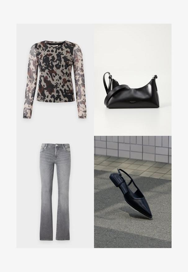 Blusa de manga larga en tejido ligero y transparente con un estampado de leopardo en tonos terrosos de negro, marrón y beige. Escote redondo.; Jeans de mezclilla grises de corte acampanado con una textura suave, que cuentan con un diseño de cinco bolsillos y un cierre de botón metálico en la cintura.; Zapato plano negro de punta puntiaguda con tiras traseras flotando sobre una superficie de asfalto junto a una acera con baldosas.; Bolso de mano de cuero negro con una textura suave. Cuenta con una correa ajustable y un diseño elegante y minimalista con cierre de cremallera.