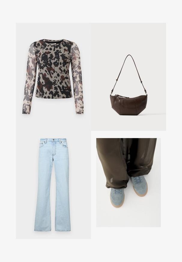 Blusa de manga larga en tejido ligero y transparente con un estampado de leopardo en tonos terrosos de negro, marrón y beige. Escote redondo.; Jeans acampanados de color azul claro hechos de denim, con cinco bolsillos, cierre de botón en la parte delantera y detalles de costura. Textura suave, diseño casual.; Zapatillas de ante azul claro con suelas de goma, usadas con pantalones anchos de pierna transparente negra sobre un fondo blanco.; Bolso de hombro de cuero marrón con fondo curvado y correa ajustable sobre un fondo claro y liso.