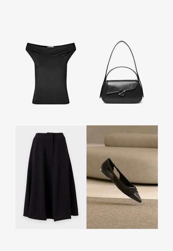 Top noir décolleté en tissu extensible lisse. Design ajusté avec un col drapé, des manches courtes et un ourlet droit.; Jupe midi noire trapèze avec large ceinture et coutures verticales visibles, présentée sur fond uni.; Chaussure plate noire à bout pointu avec un petit détail nœud, montrée au-dessus d'un tapis beige et devant un canapé beige.; Sac à bandoulière en cuir noir avec un rabat incurvé fermé par un fermoir métallique rond et une sangle fine et ajustable.