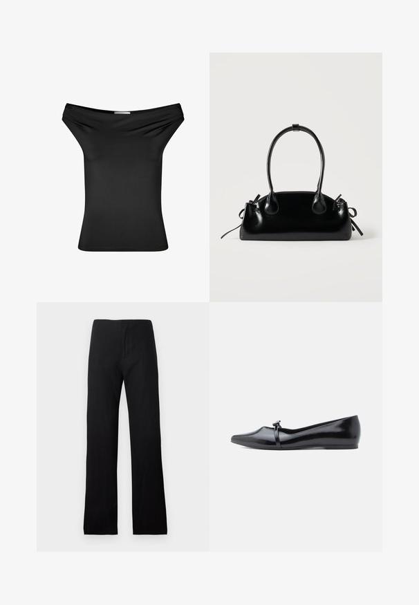 Top noir décolleté en tissu extensible lisse. Design ajusté avec un col drapé, des manches courtes et un ourlet droit.; Pantalon noir à taille haute, jambe droite, avec une taille ajustée et sans poches visibles ni ornements.; Ballerine en cuir verni noir avec bout pointu, bride décorative et texture lisse. Design minimaliste sans accents visibles.; Petit sac à main noir brillant avec deux longues anses et des détails à cordon sur les côtés sur un fond clair uni.