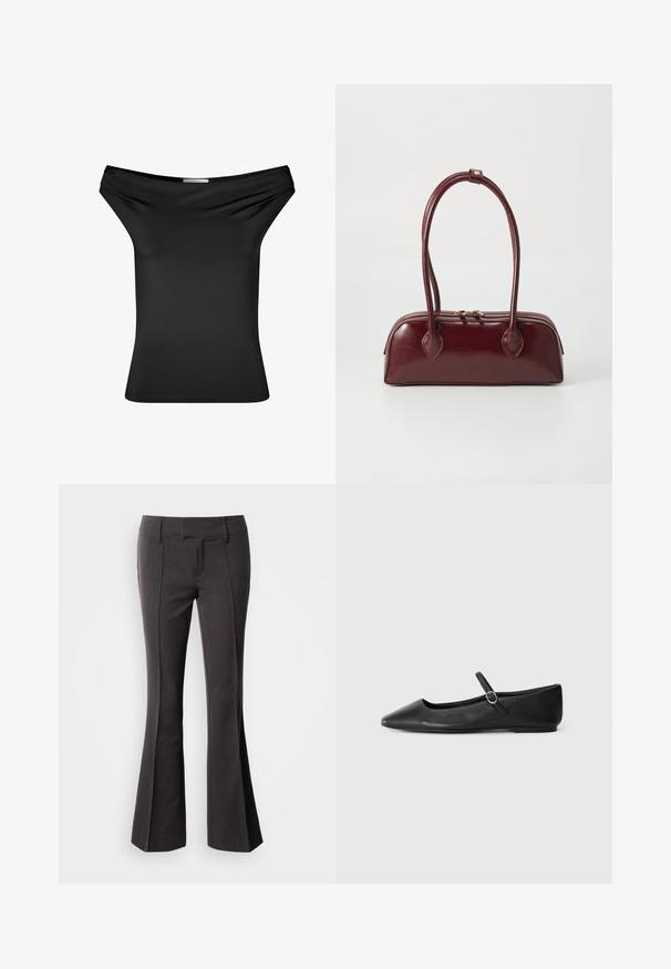 Top noir décolleté en tissu extensible lisse. Design ajusté avec un col drapé, des manches courtes et un ourlet droit.; Pantalons évasés gris foncé avec une texture lisse, dotés d'une taille ajustée et de coutures frontales pour une apparence sur mesure.; Ballerines en cuir noir avec un bout pointu, une semelle plate et une petite sangle à boucle autour de la cheville pour un maintien sécurisé.; Sac à main en cuir bordeaux avec une forme courbée, deux poignées, fermeture éclair et détails de couture subtils. Fini lisse et brillant.