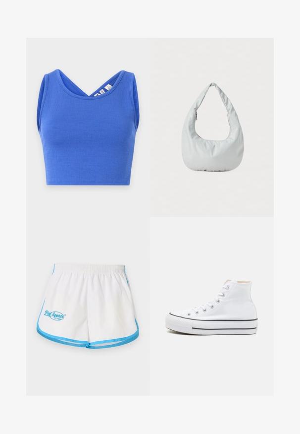 Top court bleu en matériau texturé. Présente un design à col en V et une coupe sans manches avec une silhouette ajustée.; Pal Sporting Goods LEAGUE WOMENS - Short - marshmallow/blue; Baskets montantes blanches en toile, semelle en caoutchouc noir et bande noire contrastante sur la semelle intermédiaire. Bout rond et design à lacets.; Sac hobo doux, de couleur gris clair, fabriqué en matériau synthétique. Présente une poignée rembourrée unique et un compartiment zippé sur le côté.