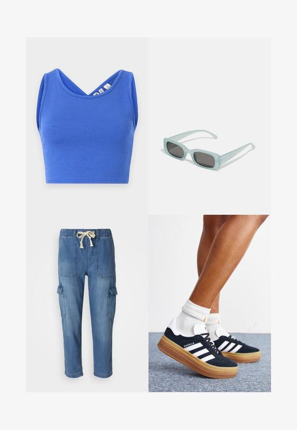 Top court bleu en matériau texturé. Présente un design à col en V et une coupe sans manches avec une silhouette ajustée.; Pantalons cargo en denim bleu clair avec une taille élastique et un cordon de serrage réglable. Comprend deux poches latérales et une poche cargo sur la jambe.; Jambes portant des chaussettes blanches et des baskets Adidas Gazelle noires avec des bandes blanches et des semelles épaisses marron sur un sol recouvert de moquette grise.; Une paire de lunettes de soleil rectangulaires avec des montures translucides bleu clair et des verres gris foncé, présentant des branches droites et des détails matériels minimaux.