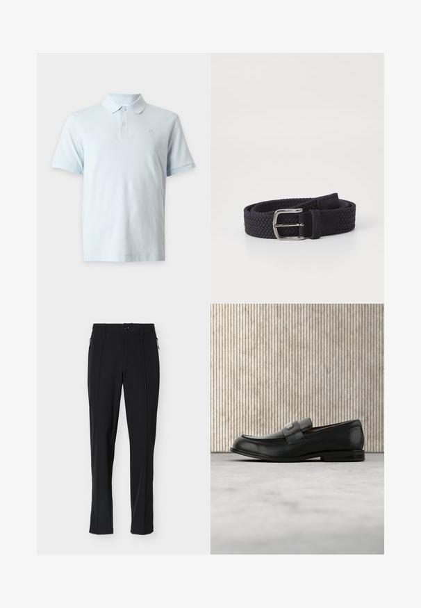 Polo à manches courtes bleu clair avec col, deux boutons sur la patte de boutonnage et logo discret sur la poitrine gauche.; Pantalon noir ajusté, coupe slim, avec bouton sur le devant et poches latérales zippées, présenté sur un fond blanc.; Mocassin en cuir noir avec une plaque de marque en métal reposant près d'une table ronde marron sur un sol recouvert de moquette beige.; Ceinture tissée bleu marine en matériau élastique avec une boucle en métal argenté et un accent en daim près de la boucle pour plus de détail.