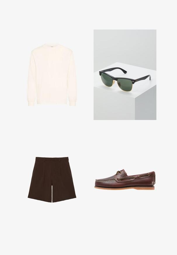 Chemise à manches longues en coton blanc cassé avec un col rond et des poignets élastiques, présentant un design minimaliste et une texture douce.; Shorts marron foncé coupés au genou, cintrés avec passants de ceinture et plis sur le devant, présentés à plat sur fond blanc.; Chaussure bateau en cuir marron avec coutures blanches, détails de lacets et semelle en caoutchouc beige, vue de côté sur fond blanc.; Lunettes de soleil Ray-Ban avec des verres verts, monture en plastique noir et accents dorés sur les bords. Forme carrée avec une finition mate.