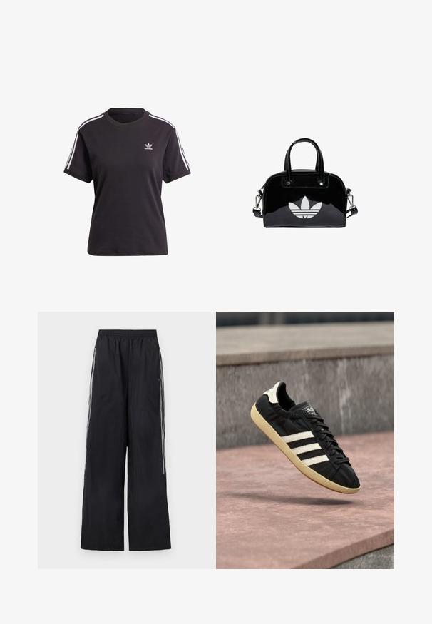 Schwarzes Baumwoll-T-Shirt mit kurzen Ärmeln und Rundhalsausschnitt, mit weißen Streifen auf den Schultern und einem kleinen weißen Adidas-Logo auf der Brust.; Schwarze, weit geschnittene Trainingshose mit elastischem Bund und drei weißen Streifen an jeder Seite der Beine.; Schwarzer Adidas-Sneaker mit weißen Streifen und beiger Sohle, in der Luft über einer steinernen Oberfläche und mit Steinwand im Hintergrund aufgenommen.; Schwarze Handtasche aus Lackleder mit abgerundeter Form, doppelten Tragegriffen, silbernen Akzenten und einem auffälligen weißen Logo auf der Vorderseite.
