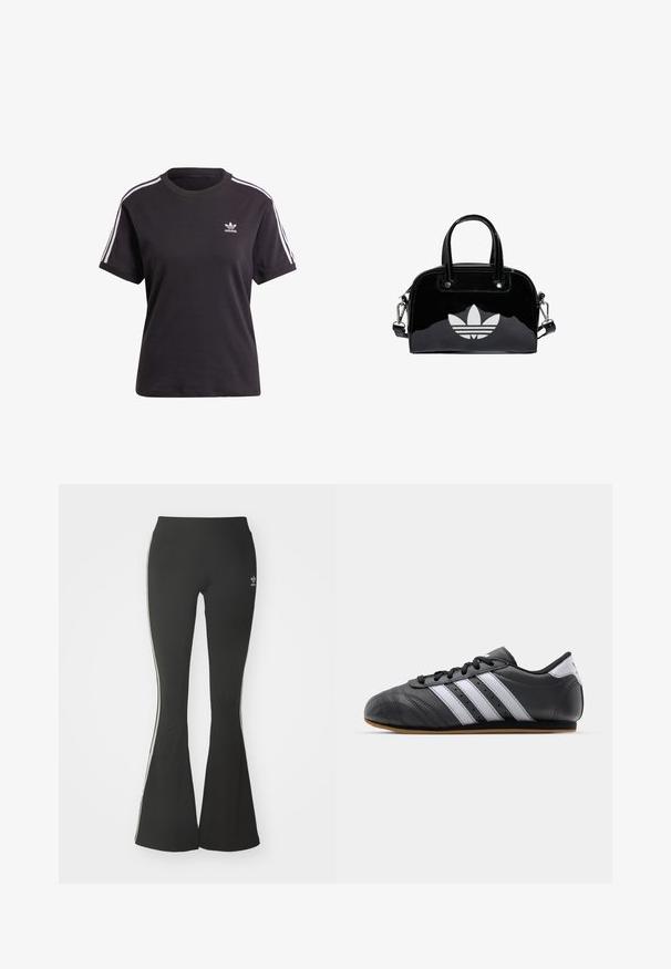 Schwarzes Baumwoll-T-Shirt mit kurzen Ärmeln und Rundhalsausschnitt, mit weißen Streifen auf den Schultern und einem kleinen weißen Adidas-Logo auf der Brust.; Schwarze ausgestellte Leggings aus Stretchmaterial mit hohem Bund und weißen Seitenstreifen. Inklusive kleinem Logo am Bund.; Schwarzer Sportschuh aus Leder mit weißen Streifen, runder Spitze, flacher Sohle und Schnürverschluss. Besitzt Perforationen für Atmungsaktivität.; Schwarze Handtasche aus Lackleder mit abgerundeter Form, doppelten Tragegriffen, silbernen Akzenten und einem auffälligen weißen Logo auf der Vorderseite.