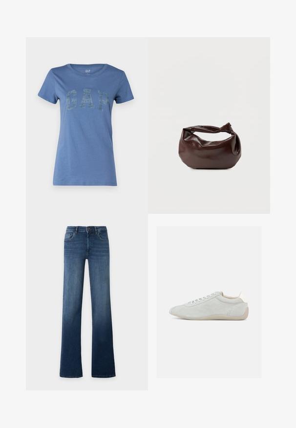 Μπλε βαμβακερό T-shirt με στρογγυλή λαιμόκοψη και κοντά μανίκια, με το χαρακτηριστικό λογότυπο "GAP" σε ανάγλυφη σχεδίαση στο μπροστινό μέρος.; Μπλε τζιν ψηλόμεσο με ίσιο πόδι, κουμπί και φερμουάρ, μπροστινές και πίσω τσέπες, σε απλό ανοιχτό φόντο.; Ανοιχτό γκρι σουέντ αθλητικό παπούτσι με χαμηλό προφίλ, κλείσιμο με κορδόνια και μαλακή μπεζ λαστιχένια σόλα. Διακριτικές ραφές προσθέτουν υφή.; Σκούρα καφέ δερμάτινη τσάντα ώμου με μαλακό, χαλαρό σχήμα και λαβή με στριμμένο κόμπο σε απλό λευκό φόντο.