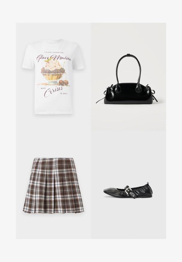 Weißes Baumwoll-T-Shirt mit einem bunten Eisschalen-Grafikdesign, das Kirschen und Text in lila und goldenen Akzenten zeigt. Kurze Ärmel und Rundhalsausschnitt.; Brauner und weißer Karomuster-Faltenrock mit strukturiertem Design und knackiger Textur, der eine hohe Taille und mehrere vertikale Falten aufweist.; Schwarze Leder-Ballerinas mit spitzem Zehenbereich, gerafften Details am Schaft und einem silbernen Schnallenakzent am verstellbaren Riemen.; Kleine schwarze glänzende Handtasche mit zwei langen Griffen und seitlichen Kordelzug-Details vor einfachem hellem Hintergrund.