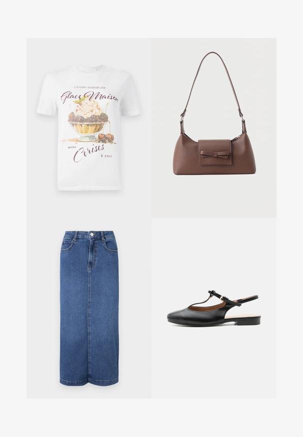 Weißes Baumwoll-T-Shirt mit einem bunten Eisschalen-Grafikdesign, das Kirschen und Text in lila und goldenen Akzenten zeigt. Kurze Ärmel und Rundhalsausschnitt.; Maxi-Rock aus Denim in Dunkelblau, mit geradem Schnitt, Bund mit Knopfverschluss und minimalistischen Nähten.; Schwarzer flacher Lederslingback-Schuh mit T-Riemen und goldener Schnalle auf neutralem Hintergrund.; Braune Leder-Umhängetasche mit einer vorderen Klappentasche, die ein gestepptes Schleifendetail und einen verstellbaren Riemen aufweist.