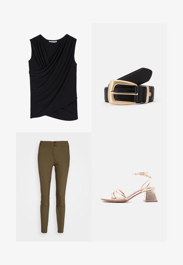 Un haut noir sans manches avec un devant drapé, présentant une texture froncée sur les côtés et un ourlet légèrement asymétrique. Matière en tissu doux.; Pantalon vert olive slim, doté de deux boutons à l'avant, de passants de ceinture et d'une texture lisse avec des accents de panneaux latéraux.; Sandale métallique dorée à talon bloc avec fines brides croisées sur les orteils et une bride à la cheville avec une petite boucle sur fond blanc.; Ceinture en cuir noir avec une boucle rectangulaire en or. La ceinture a une texture lisse et un subtil détail de couture le long des bords.