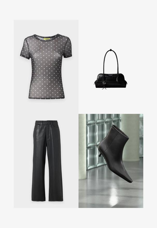 JJXX JXBLAKE MESH TOP - Μπλουζάκι με στάμπα - black; Μαύρο παντελόνι σε ευρεία γραμμή φτιαγμένο από γυαλιστερό υλικό. Διαθέτει κλείσιμο με κουμπί, βρόχους ζώνης και μπροστινές τσέπες με λεία υφή.; Μαύρο δερμάτινο μποτάκι με μυτερή μύτη και μικρό τακούνι, παρουσιάζεται μπροστά σε τοίχο από γυάλινα τετράγωνα και γυαλισμένο δάπεδο.; Μαύρη δερμάτινη τσάντα ώμου με υφή κροκοδείλου, μακριά λουριά και μικρό ασημένιο λογότυπο σε ένα από τα λουριά.