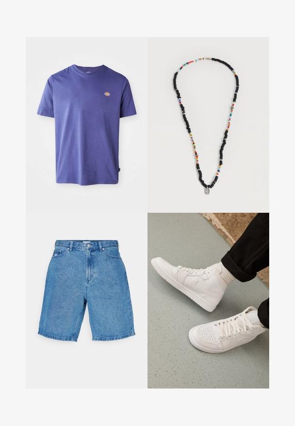 Lilla bomulds t-shirt med rund hals og korte ærmer. Har et lille logo på brystet. Glat tekstur, afslappet pasform.; Lysblå denimshorts med en afslappet pasform, der har høj talje, fem lommer og lige skæring ved kanten.; Hvide høj-top sneakers lavet af glat læder med perforeret tå, snørelukning og subtil logo detaljer på siden. Tekstureret gummisål.; Halskæde med vekslende sorte og flerfarvede perler, med små sølvringe og en rektangulær klar perlevedhæng.