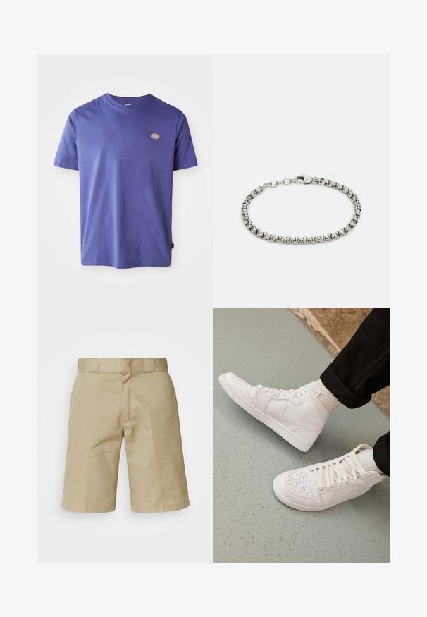 T-shirt en coton violet avec un col rond et des manches courtes. Présente un petit logo sur la poitrine. Texture lisse, coupe décontractée.; Shorts khaki avec un design à l'avant plat, une taille cousue avec passants de ceinture et deux poches latérales. Fabriqués en tissu léger.; Baskets montantes blanches en cuir lisse avec un bout perforé, fermeture à lacets et un discret logo sur le côté. Semelle en caoutchouc texturé.; Bracelet en chaîne argentée avec des maillons entrelacés, texture lisse et fermoir sécurisé. Design simple et métallique avec une finition polie.