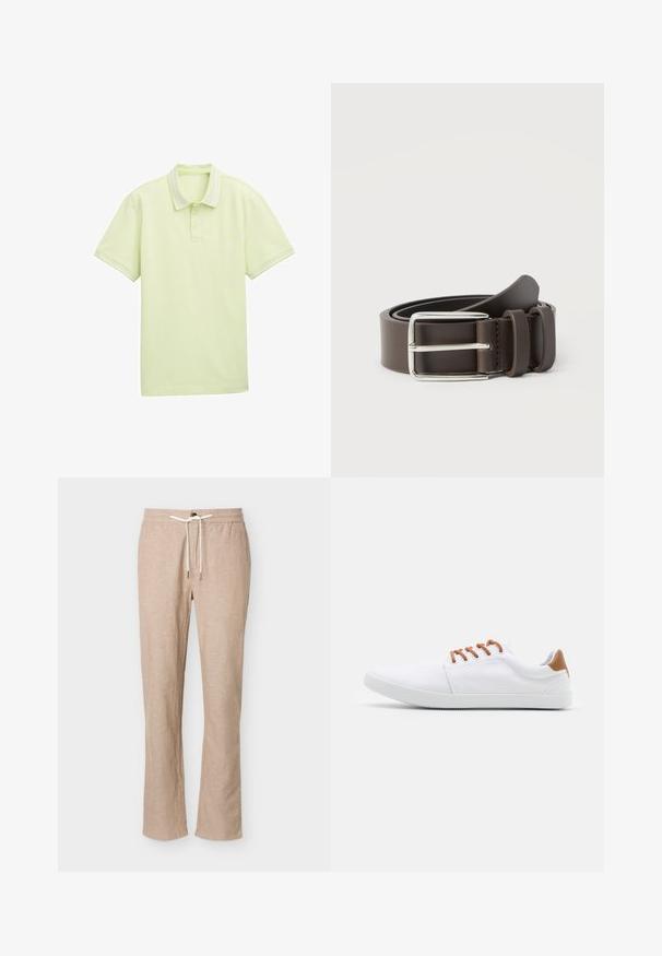 Polo de color verde claro, de manga corta, fabricado en tejido suave, con tres botones en la parte frontal, detalles de rayas blancas en el cuello y los bordes de las mangas. Logotipo sencillo en la parte delantera.; Pantalones casuales beige de mezcla de lino con cintura elástica y cordón blanco, ajuste de pierna recta, sin bolsillos visibles, mostrados sobre fondo blanco.; Zapatillas de lona blancas con detalles en marrón, que presentan cordones planos, una silueta baja y una suela de goma texturizada.; Cinturón de cuero marrón con una hebilla de metal plateado, con una textura suave y un diseño sencillo. Incluye una trabilla para ajuste y cierre.