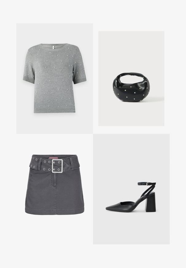 Grå kortærmet sweater med rund hals og spredte hvide perle-lignende accenter. Blød strikstruktur med ribkant ved nederste kant og ærmer.; Grå bomulds mini skirt med et bredt bælte, der har sølv-lufthuller og en firkantet metalspænde, designet med en ren, lige silhuet.; Sort læder spidse pumps med ankelrem og en chunky hæl. Flad tekstur, slankt design og minimalistisk æstetik.; Sort læderhåndtaske med en rundet form, dekoreret med sølvnitter, og et kort håndtag. Glat tekstur og lynlåslukning.
