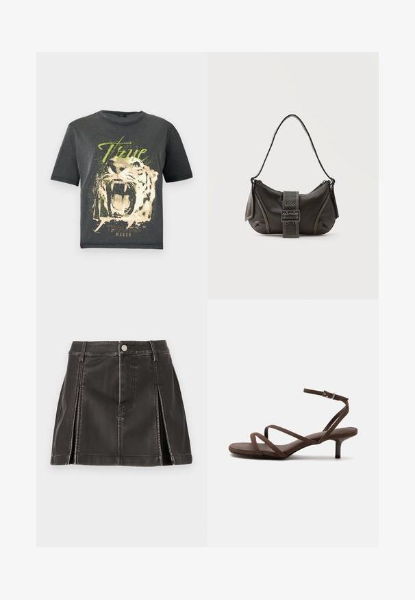JDY JDYFAROCK ELINA - T-shirts print - black; Sort faux læder nederdel med høj talje, udsmykket med syede detaljer og sidelæg. Metalknaplukning foran.; Brun højhælet sandal med tynde krydsede stropper og en ankelrem med en sølvspænde på en hvid baggrund.; Sort læder skuldertaske med spænde på remmen, afrundede kanter og kontrasterende hvide syninger på en ensfarvet baggrund.
