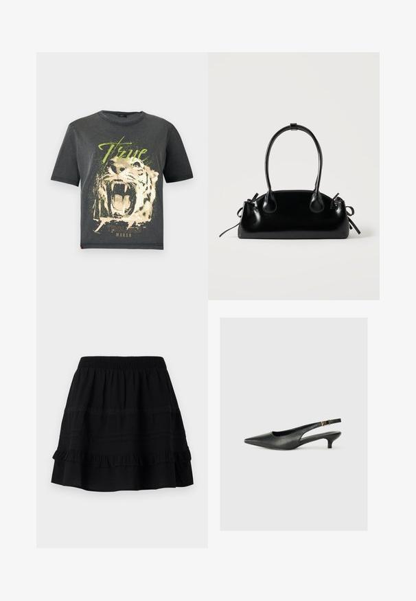 JDY JDYFAROCK ELINA - T-Shirt print - black; Schwarzer Baumwollrock mit einem gestuften Rüschendesign, ausgestattet mit einem elastischen Bund und Verzierungen aus kontrastierenden Nähten und Spitzenbändern.; Schwarzer Slingback-Schuh mit spitzem Zehenbereich aus glattem Leder. Mit einem dünnen Absatz und einer dekorativen Schnalle am verstellbaren Riemen.; Kleine schwarze glänzende Handtasche mit zwei langen Griffen und seitlichen Kordelzug-Details vor einfachem hellem Hintergrund.