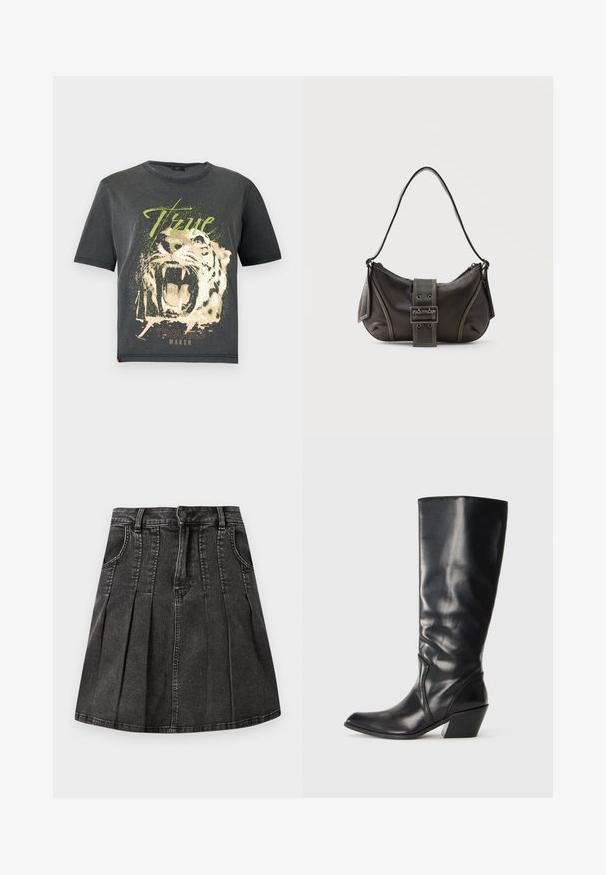 JDY JDYFAROCK ELINA - T-Shirt print - black; Schwarzer Jeansrock mit Falten-Design, Gürtelschlaufen, Fronttaschen und Knopfverschluss. Glatte Textur mit leichtem Glanz.; Schwarze Leder-Stiefel bis zum Knie mit spitzem Zeh, angularer Ferse und glatter Textur. Verfügt über einen dezenten gesteppten Akzent an der Seite.; Schwarze Leder-Schultertasche mit Schnallengurt-Detail, abgerundeten Kanten und kontrastierenden weißen Nähten auf schlichtem Hintergrund.