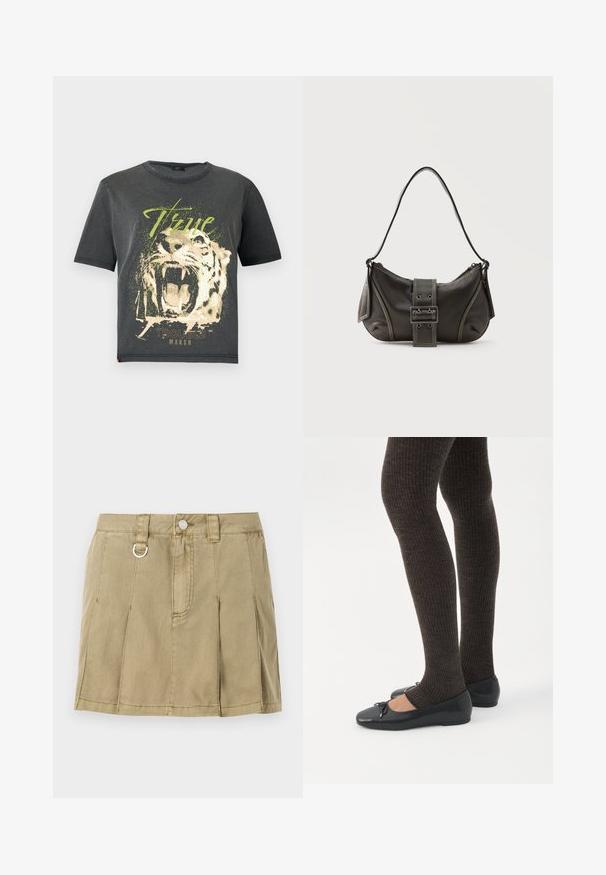 JDY JDYFAROCK ELINA - T-Shirt print - black; Helle olivgrüne Jeansrock mit vier messerscharfen Falten, einem Knopfverschluss vorne und einer Metallring-Akzentuierung am Bund.; Beine in dunklen, gerippten Leggings kombiniert mit schwarzen Ballerinas mit kleinen Schleifendetails auf weißem Hintergrund.; Schwarze Leder-Schultertasche mit Schnallengurt-Detail, abgerundeten Kanten und kontrastierenden weißen Nähten auf schlichtem Hintergrund.