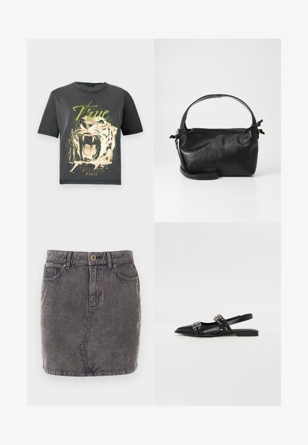 JDY JDYFAROCK ELINA - T-shirts print - black; Grå denimnederdel med lodret ribbet tekstur, der har en frontknaplukning, to sidelommer og en lige kant.; Even&Odd by Zalando Slingback-ballerinasko - black; Sort læderhåndtaske med et struktureret design, rund tophåndtag og aftagelig skulderrem. Den har en glat tekstur og en subtil glans.