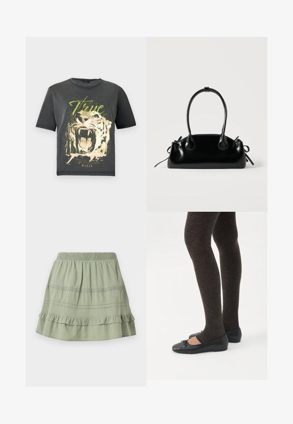 JDY JDYFAROCK ELINA - T-shirts print - black; Grøn bomuldsskjørt med en smocket talje, tierede flæser og et blondertrim mønster, der pynter den midterste sektion.; Ben iført mørke ribbede leggings kombineret med sorte balletsko med små sløjfedetaljer på hvid baggrund.; Lille sort blank håndtaske med to lange håndtag og snøre-detaljer i siden på en ensfarvet lys baggrund.