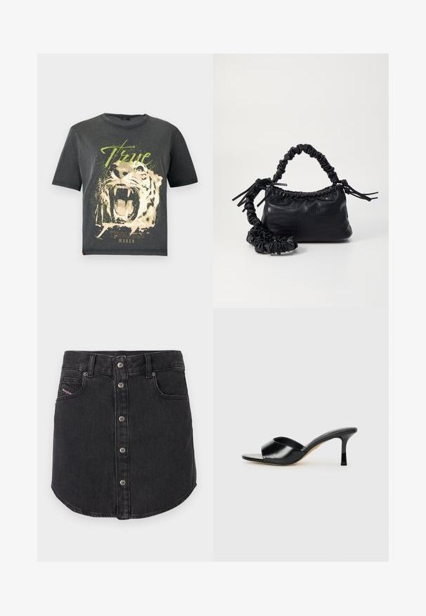 JDY JDYFAROCK ELINA - T-Shirt print - black; Schwarzer Denim-Minirock mit vorderen Metallknöpfen, zwei vorderen Taschen, Gürtelschlaufen und abgerundetem Saum.; Schwarze Leder-Pumps mit hohen Absätzen und offenem Zehenbereich sowie einem breiten, geschwungenen Oberriemen. Glatte Textur und schlanker Silhouette.; Schwarze Handtasche aus Kunstleder mit Krokodilstruktur, gerafftem oberen Teil und einem geschoppten Tragegurt. Sie wirkt weich und kompakt im Design.