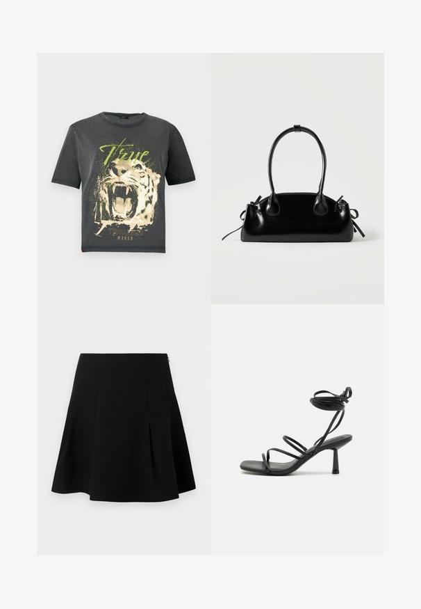 JDY JDYFAROCK ELINA - T-shirts print - black; Sort flared nederdel med folder foran, en glat tekstur og en skjult lynlås lukning bagpå.; Sort strappy sandal med firkantet tå, justerbare ankelbind og en slank, blokhæl. Fremstillet af et glat, holdbart materiale.; Lille sort blank håndtaske med to lange håndtag og snøre-detaljer i siden på en ensfarvet lys baggrund.
