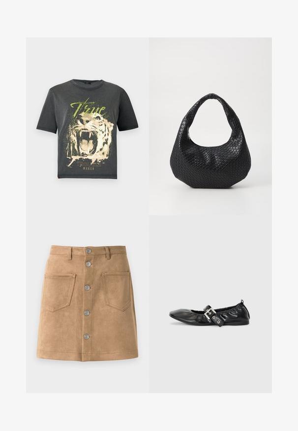 JDY JDYFAROCK ELINA - T-shirt imprimé - black; Jupe en daim beige avec une coupe ajustée, cinq boutons métalliques sur le devant et deux poches avant, présentant une texture lisse et des bords nets.; Chaussure plate en cuir noir avec un nez pointu, des détails froncés autour de l'ouverture et un accent en boucle argentée sur la bride ajustable.; Sac à main tissé noir avec une poignée courbée, présentant une surface texturée et une forme décontractée. Fini lisse avec une silhouette organique.