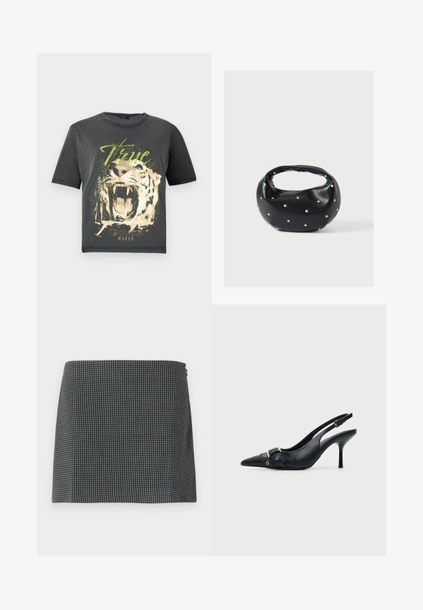 JDY JDYFAROCK ELINA - T-shirt print - black; Zwart-wit geblokte rok gemaakt van stof met een gladde textuur. Heeft een rechte silhouette en een ritssluiting aan de zijkant.; Zwarte leren pumps met hoge hak en slingback, met een puntige neus en een gesp- en oogjesriem detail aan de voorkant.; Zwarte leren handtas met een afgeronde vorm, versierd met zilveren studs, en een korte handgreep. Gladde textuur en ritsluiting.