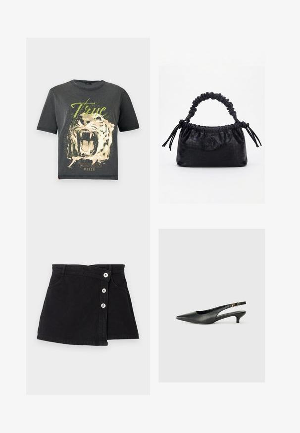JDY JDYFAROCK ELINA - T-Shirt print - black; Schwarzer Denim-Rock mit hoher Taille, mit einem Wickeldesign, fünf silbernen Knöpfen auf einer Seite und zwei seitlichen Taschen. Glatte Textur.; Schwarzer Slingback-Schuh mit spitzem Zehenbereich aus glattem Leder. Mit einem dünnen Absatz und einer dekorativen Schnalle am verstellbaren Riemen.; Schwarze Handtasche mit Krokodilstruktur, gerafftem oberen Rand, zusammengezogenem Griff und Zugkordeln mit Quasten an jeder Seite vor weißem Hintergrund.