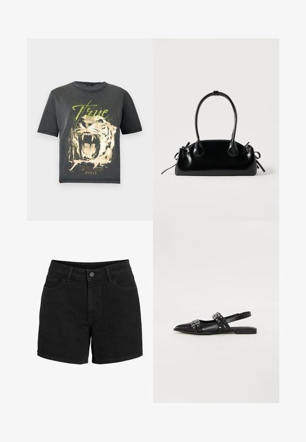 JDY JDYFAROCK ELINA - T-shirt imprimé - black; Short en jean noir avec fermeture par bouton et zip, passants de ceinture, poches avant et arrière, présenté sur fond blanc.; Even&Odd Ballerines à brides arrière - black; Petit sac à main noir brillant avec deux longues anses et des détails à cordon sur les côtés sur un fond clair uni.