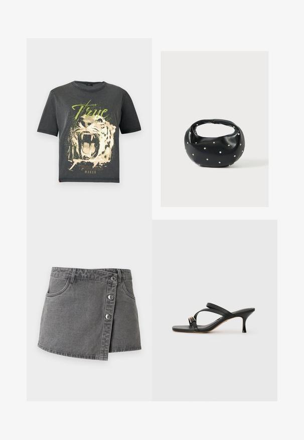 JDY JDYFAROCK ELINA - T-shirt imprimé - black; Mini-jupe en denim gris avec fermeture par boutons sur le devant, passants pour ceinture et poches avant, présentée sur fond blanc.; Sandales à talons noirs avec un bout carré, deux brides croisées, accent de boucle dorée et un fin talon haut. Texture en cuir lisse.; Sac à main en cuir noir de forme arrondie, décoré de clous argentés et équipé d'une poignée courte. Texture lisse et fermeture éclair.