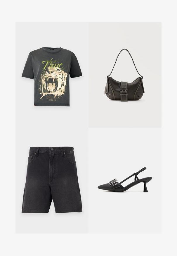 JDY JDYFAROCK ELINA - T-shirts print - black; Sorte denimshorts med lige snit, der har en knaplukning, frontlommer og et tekstureret stof. Minimalistisk design uden synlige mønstre.; Simmi London DALA - Pumps - black; Sort læder skuldertaske med spænde på remmen, afrundede kanter og kontrasterende hvide syninger på en ensfarvet baggrund.