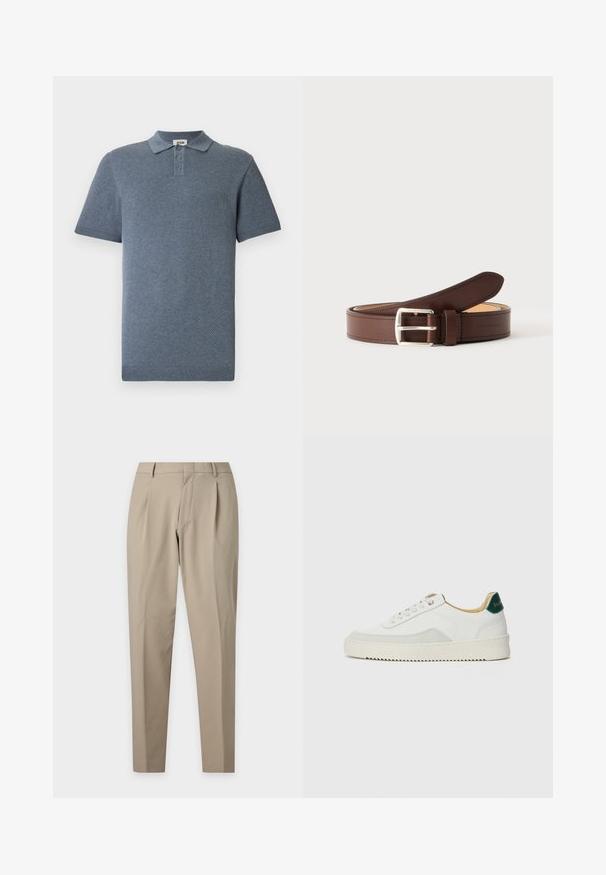 Polo à manches courtes en tissu bleu texturé, doté d'un col plat, d'une patte de boutonnage à trois boutons et de poignets côtelés aux manches et à l'ourlet.; Pantalon beige sur mesure avec plis, passants pour ceinture et jambes fuselées sur un fond clair uni.; Baskets blanches avec des accents en daim, bout arrondi, lacets plats et semelle en caoutchouc crème. Présente une marque verte sur le talon.; Ceinture en cuir marron avec boucle rectangulaire argentée enroulée sur un fond gris clair, montrant une couture détaillée le long des bords.