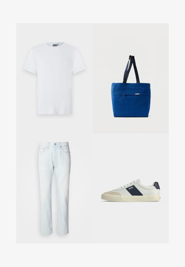 Weißes Baumwoll-T-Shirt mit kurzen Ärmeln, Rundhalsausschnitt und einer kleinen Brusttasche. Weicher Stoff und minimalistisches Design.; Hellblaue Jeans mit geradem Bein. Verfügt über einen Knopfverschluss und Gürtelschlaufen, präsentiert eine ausgebleichte Textur und minimale Nähte.; Weißer Sneaker mit niedrigem Schaft, beiger Zehenkappe, dunkelblauem Seitenstreifen mit dem Schriftzug BOSS, weißen Schnürsenkeln und Gummisohle auf neutralem Hintergrund.; Blaue Canvas-Einkaufstasche mit einer vorderen Reißverschlusstasche, doppelten Schulterriemen und rechteckiger Form. Verfügt über ein dezentes Markenlabel.