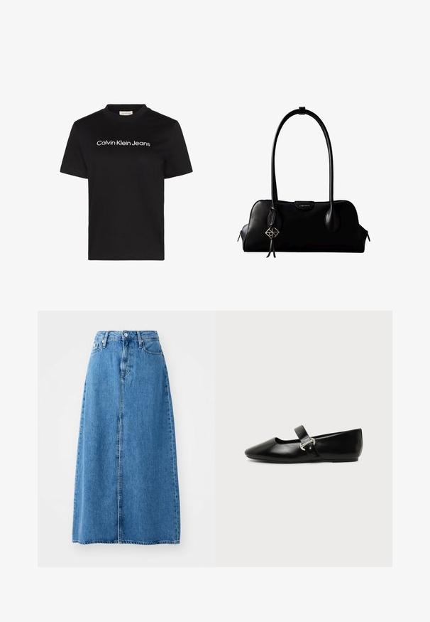 Zwart T-shirt met korte mouwen met witte "Calvin Klein Jeans" tekst gecentreerd op de borst en een ronde hals.; Blauwe denim maxi rok met een sluiting met knopen aan de voorkant, twee zakken en een rechte vorm met een rauwe zoom. Klassiek en veelzijdig.; Zwarte leren Mary Jane platte schoen met een afgeronde neus en zilveren gespsluiting op een effen achtergrond.; Zwarte leren Calvin Klein handtas met lange hengsels, een logo-label aan de voorkant en een zilverkleurige geometrische hanger die aan één hengsel hangt.