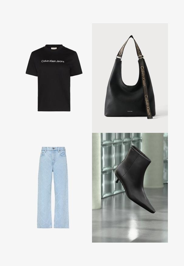 Sort T-shirt med korte ærmer med hvid "Calvin Klein Jeans" tekst centreret på brystet og rund halsudskæring.; Lyseblå denimjeans med høj talje og vide ben, med et diskret diamantquiltet mønster over det hele.; Sort læderankelstøvle med spids tå og lille hæl vist mod en væg af glasblokke og poleret gulv baggrund.; Sort Calvin Klein skuldertaske i læder med bred justerbar rem med gentaget Calvin Klein-logo i beige.