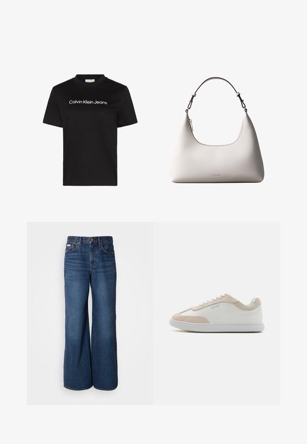 Zwart T-shirt met korte mouwen met witte "Calvin Klein Jeans" tekst gecentreerd op de borst en een ronde hals.; Wijdvallende jeans van donkerblauwe denim. Kenmerken zijn een hoge taille, vijf zakken en contrasterende oranje stiksels langs de naden.; Witte leren sneakers met beige suède accenten en witte veters. Beschikt over een ronde neus en een gevoerde zool voor comfort.; Romige Calvin Klein leren schoudertas met gebogen bovenrand, zilveren rits en donkerbruine verstelbare riem.