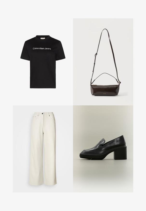 Schwarzes T-Shirt mit kurzen Ärmeln und weißem "Calvin Klein Jeans"-Text, zentriert auf der Brust und rundem Halsausschnitt.; Cremefarbene weit geschnittene Hose aus glattem Stoff. Sie hat eine mittlere Leibhöhe, einen Reißverschluss und zwei vordere Taschen mit schwarzen Hardware-Elementen.; Schwarzer Leder-Slipper mit dicker Plateausohle und Blockabsatz, mit gesteppten Nahtdetails und einem kleinen metallischen Akzent am oberen Teil.; Kleine glänzende dunkelbraune Leder-Schultertasche mit verstellbarem Riemen, Tragegriff oben und goldfarbenem Reißverschluss.