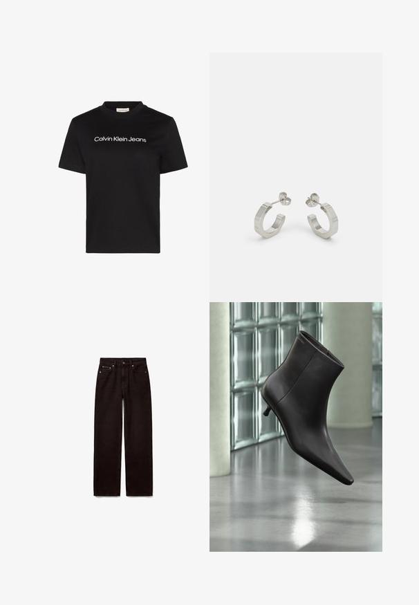 Schwarzes T-Shirt mit kurzen Ärmeln und weißem "Calvin Klein Jeans"-Text, zentriert auf der Brust und rundem Halsausschnitt.; Schwarze Jeans mit geradem Bein, vorne mit Knopf und Reißverschluss, zwei Vorderfächern und Gürtelschlaufen vor weißem Hintergrund.; Schwarzer Leder-Knöchelstiefel mit spitzer Spitze und kleinem Absatz vor einer Wand aus Glasbausteinen und einem polierten Boden.; Silberne Metall-Hoops mit strukturiertem Design, ausgestattet mit einem kleinen Steckverschluss und Branding an einem Hoop. Abgerundete Form mit glänzender Oberfläche.